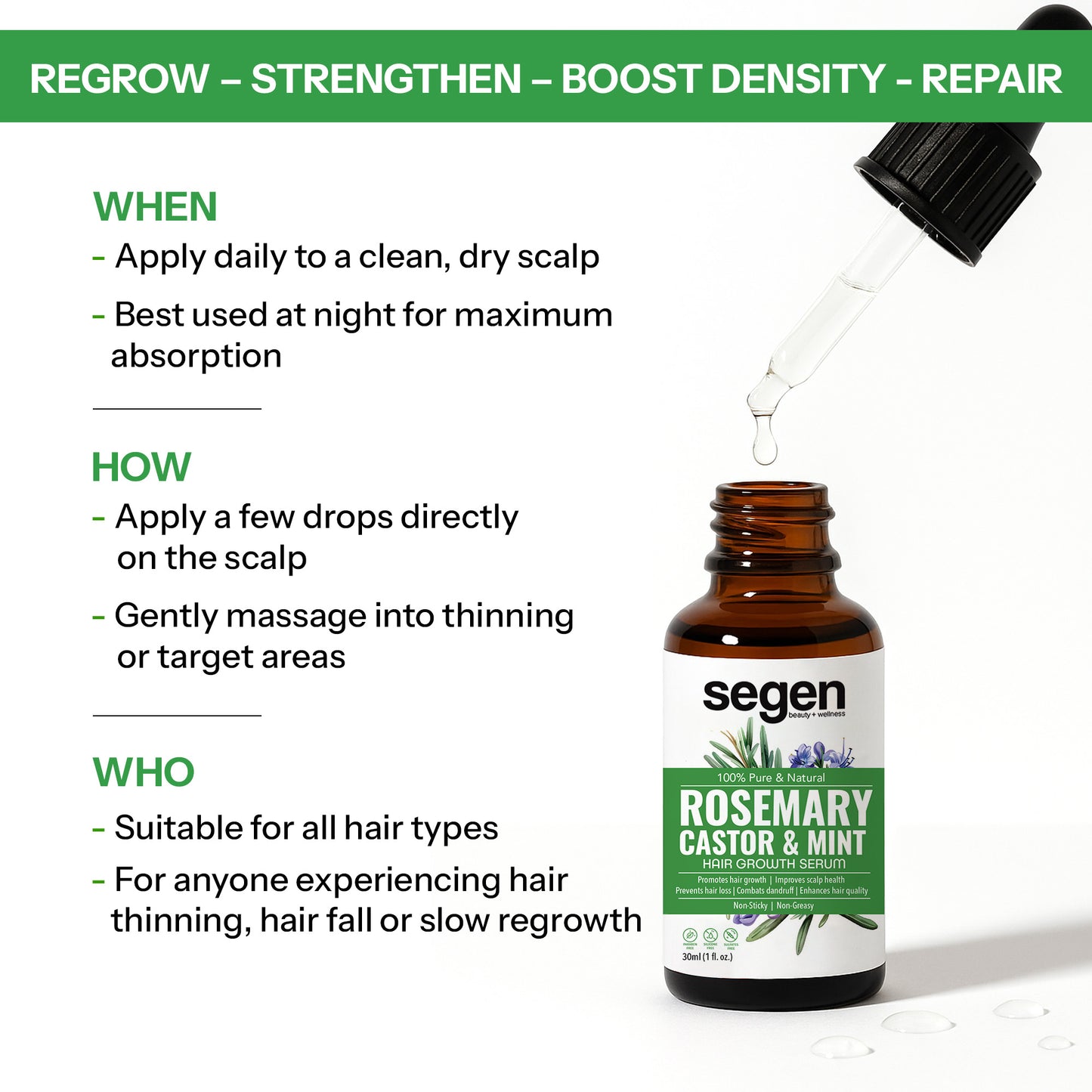 Segen Rosemary, Castor & Mint Hair Serum with Redensyl, Procapil & Hair Vitamins – 30ml