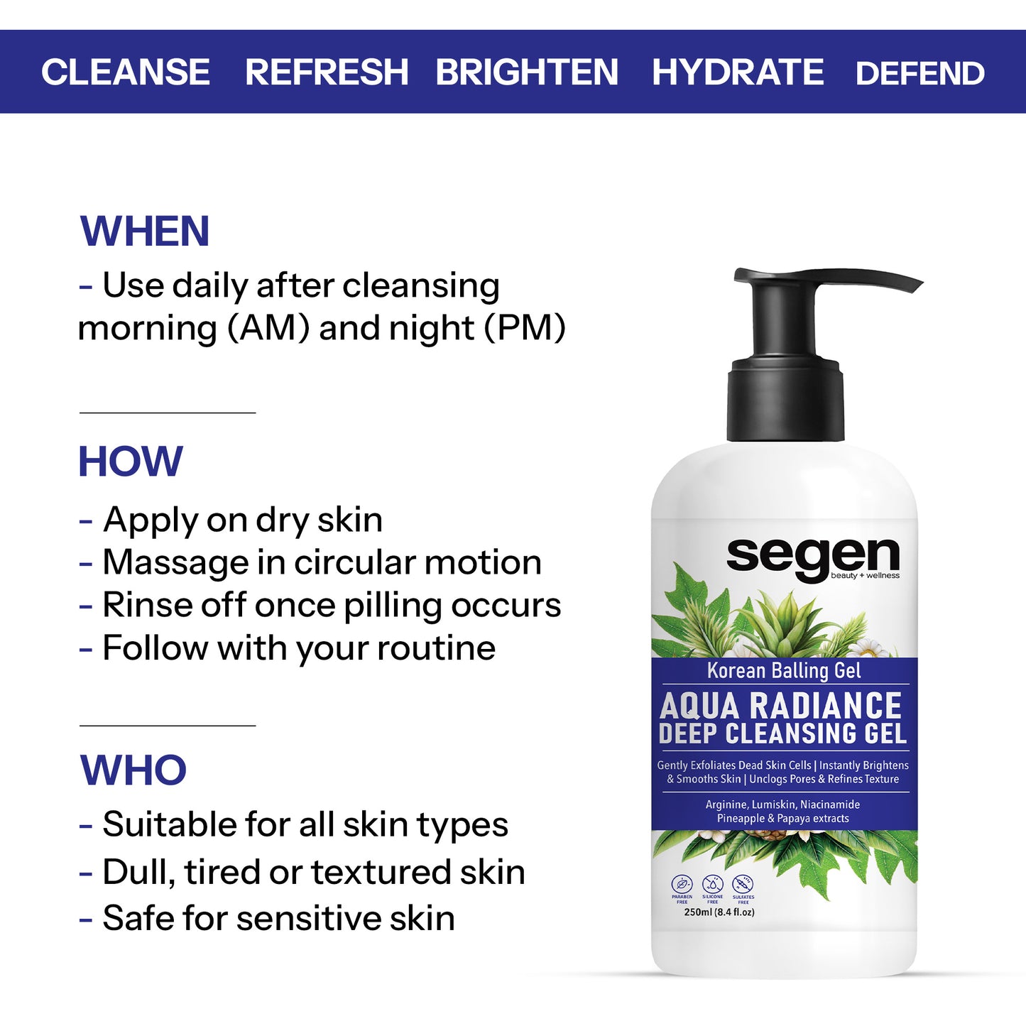 Segen Aqua Radiance Deep Cleansing Gel – Korean Balling Gel for Dead Skin & Tan Removal – 250ml