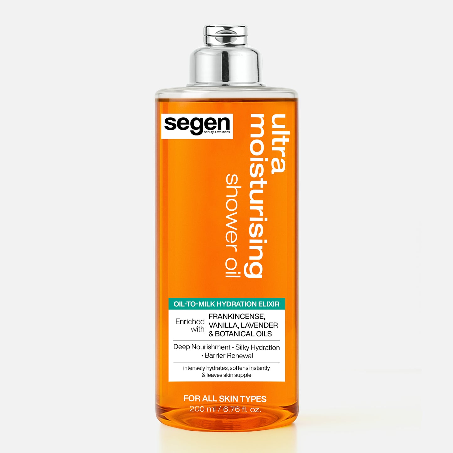 Segen Ultra Moisturising Shower Oil – Oil-to-Milk Hydration Elixir with Frankincense, Vanilla, Lavender & Botanical Oils | Deep Nourishment & Silky Hydration | 200 ml