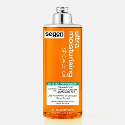Segen Ultra Moisturising Shower Oil – Oil-to-Milk Hydration Elixir with Frankincense, Vanilla, Lavender & Botanical Oils | Deep Nourishment & Silky Hydration | 200 ml