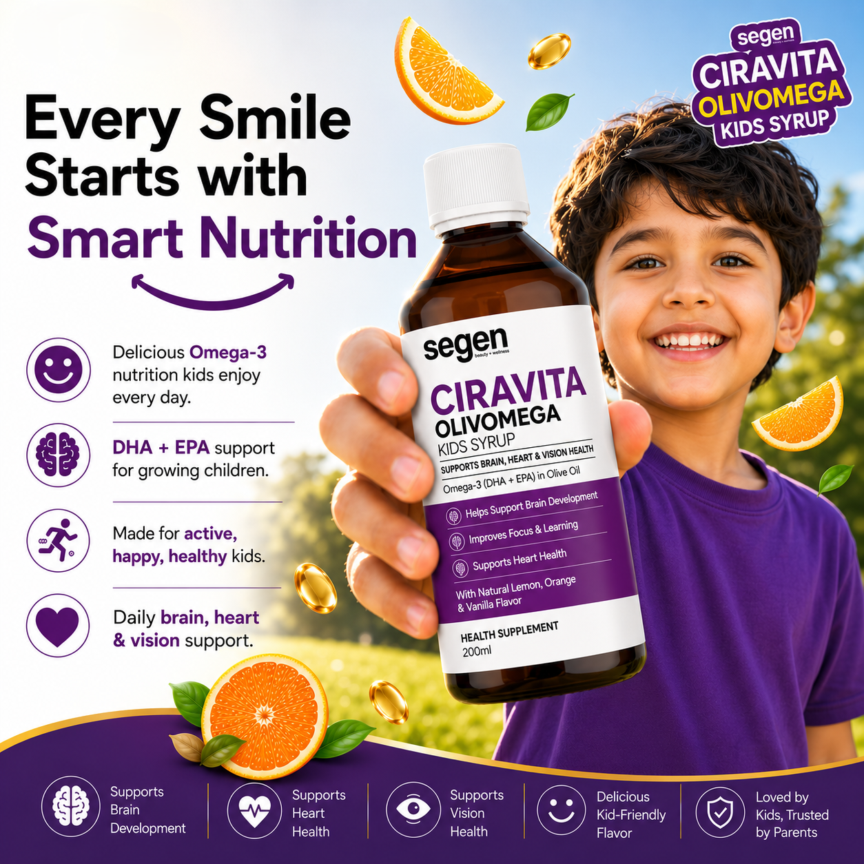 Segen CIRAVITA OLIVOMEGA Kids Syrup 200ml | Omega-3 DHA + EPA for Brain, Heart & Vision Health