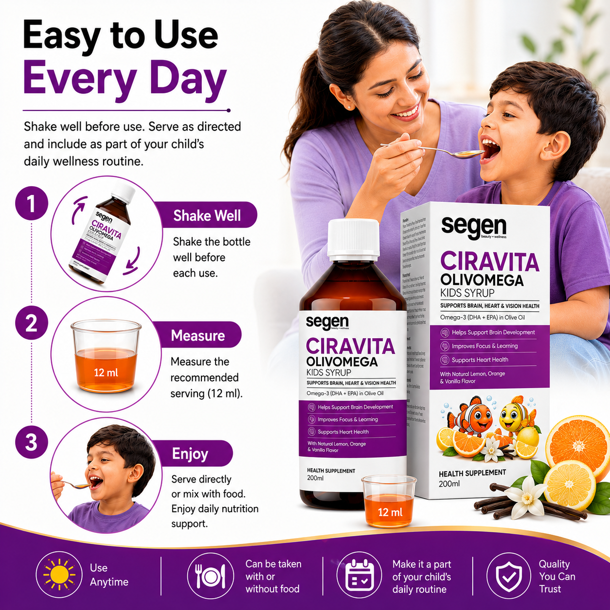 Segen CIRAVITA OLIVOMEGA Kids Syrup 200ml | Omega-3 DHA + EPA for Brain, Heart & Vision Health