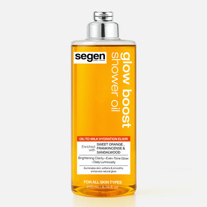 Segen Glow Boost Shower Oil – Brightening Oil-to-Milk Body Cleanser with Sweet Orange, Frankincense & Sandalwood | For Radiant, Even-Tone Skin | 200 ml