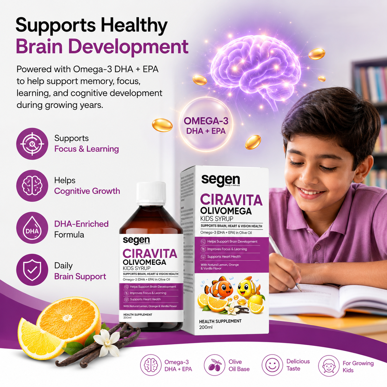 Segen CIRAVITA OLIVOMEGA Kids Syrup 200ml | Omega-3 DHA + EPA for Brain, Heart & Vision Health