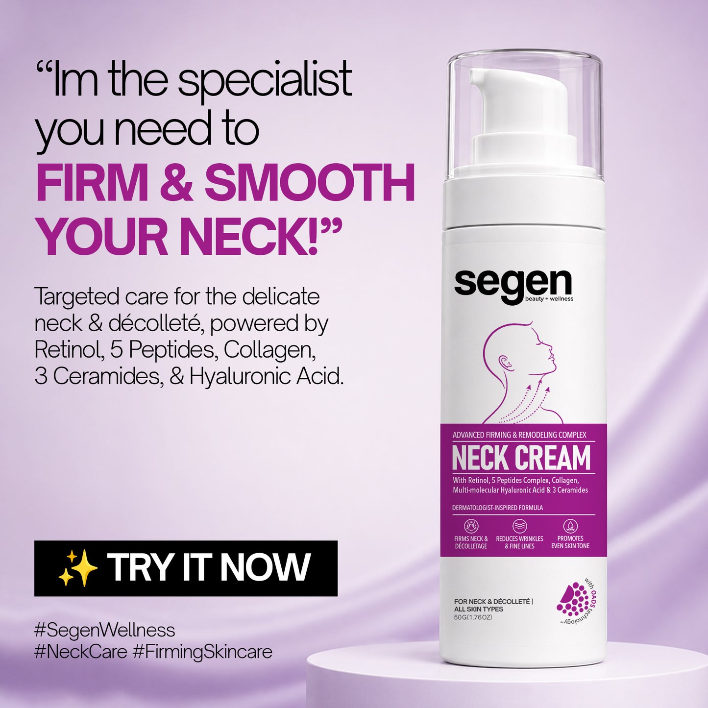 Segen Advanced Firming & Remodeling Neck Cream with Retinol, 5 Peptides, Collagen & Hyaluronic Acid | 50g