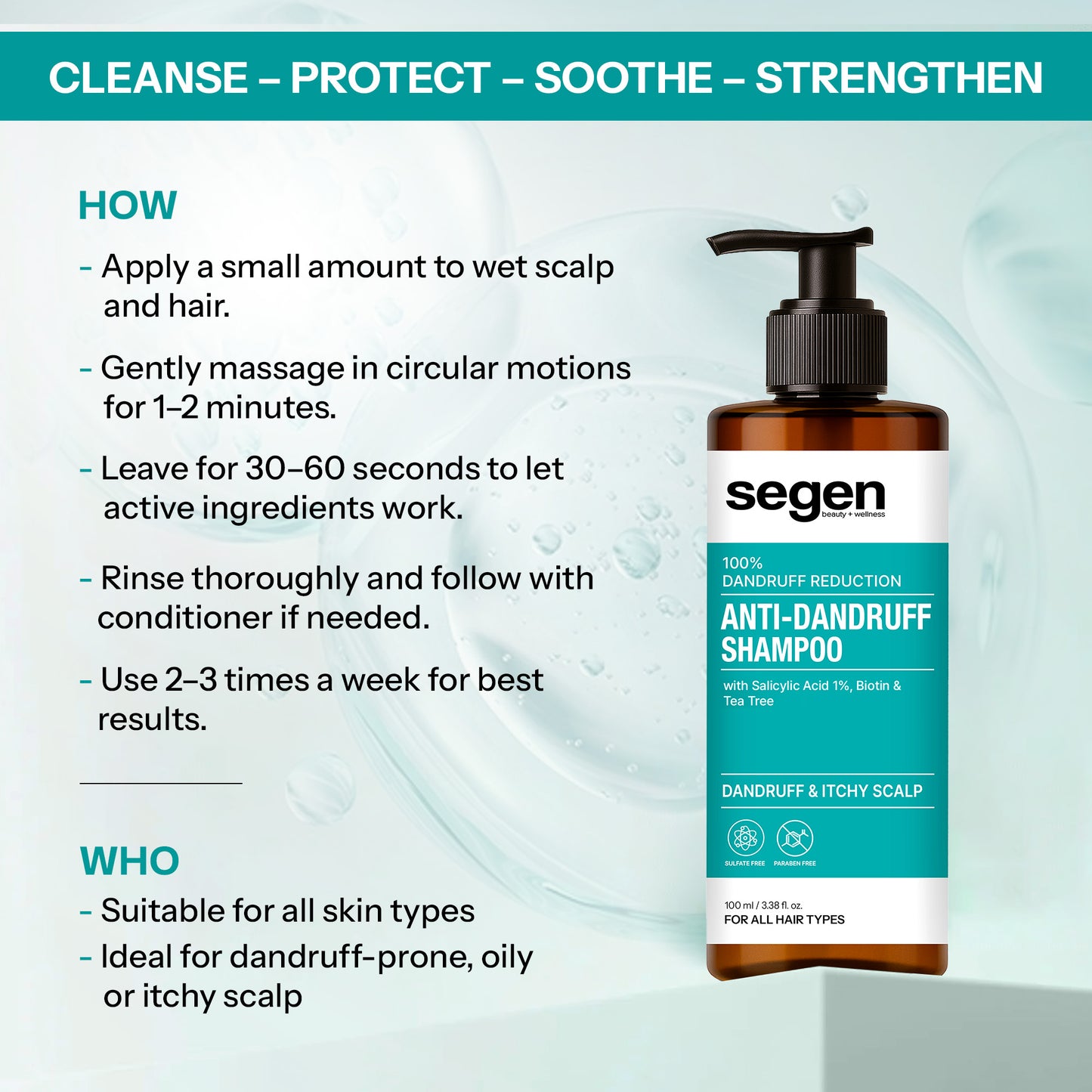 Segen Anti-Dandruff Shampoo with Salicylic Acid 1%, Biotin & Tea Tree | 100% Dandruff Reduction
