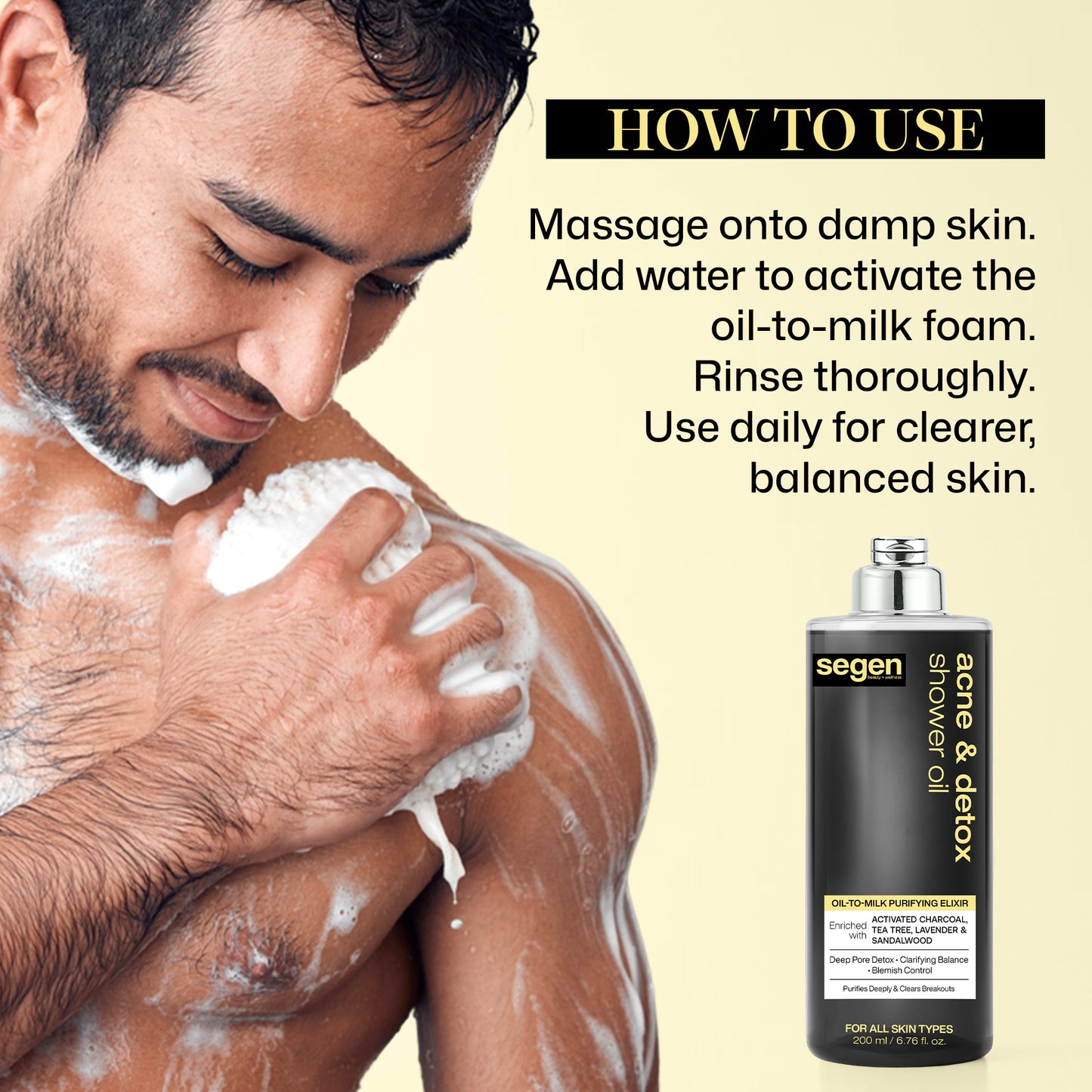 Segen Acne & Detox Shower Oil – Oil-to-Milk Purifying Cleanser with Activated Charcoal, Tea Tree & Sandalwood | Deep Pore Detox & Blemish Control - 200 ml
