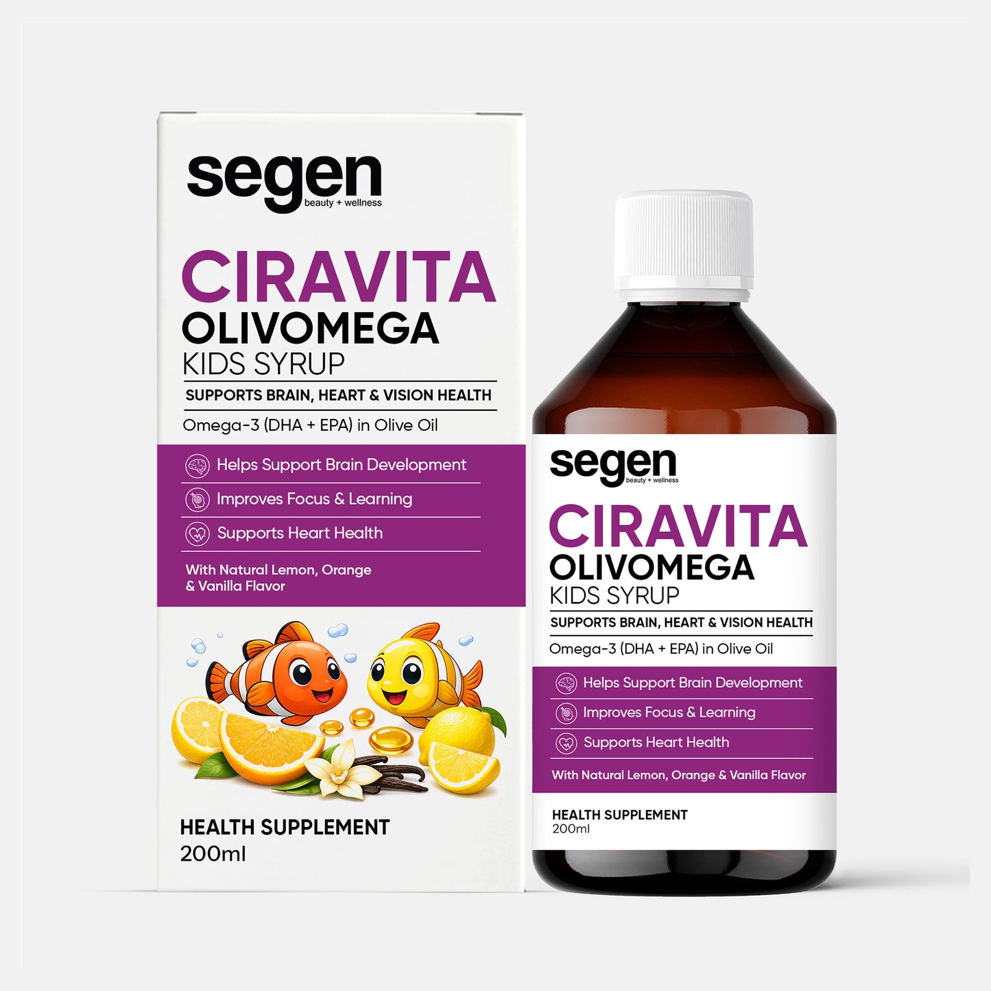Segen CIRAVITA OLIVOMEGA Kids Syrup 200ml | Omega-3 DHA + EPA for Brain, Heart & Vision Health
