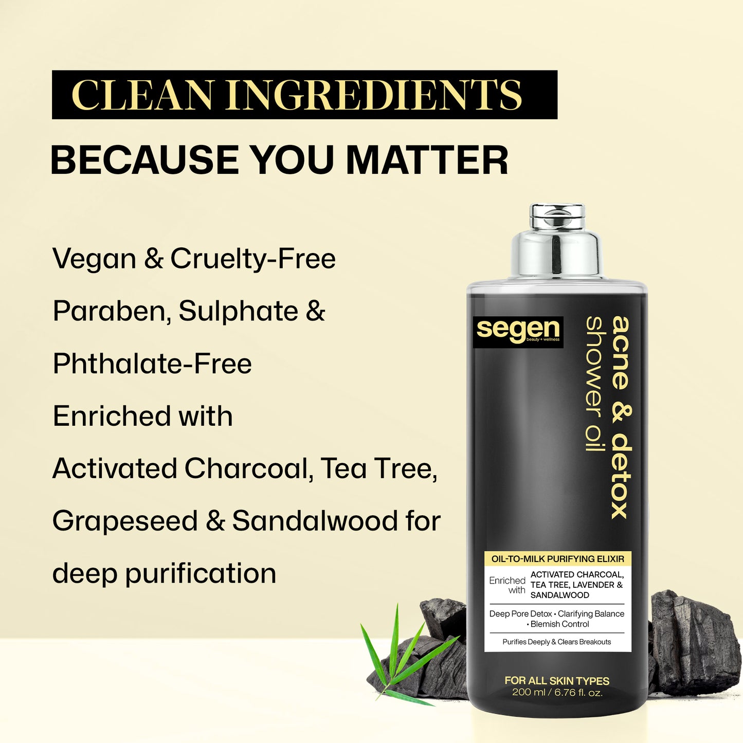 Segen Acne & Detox Shower Oil – Oil-to-Milk Purifying Cleanser with Activated Charcoal, Tea Tree & Sandalwood | Deep Pore Detox & Blemish Control - 200 ml