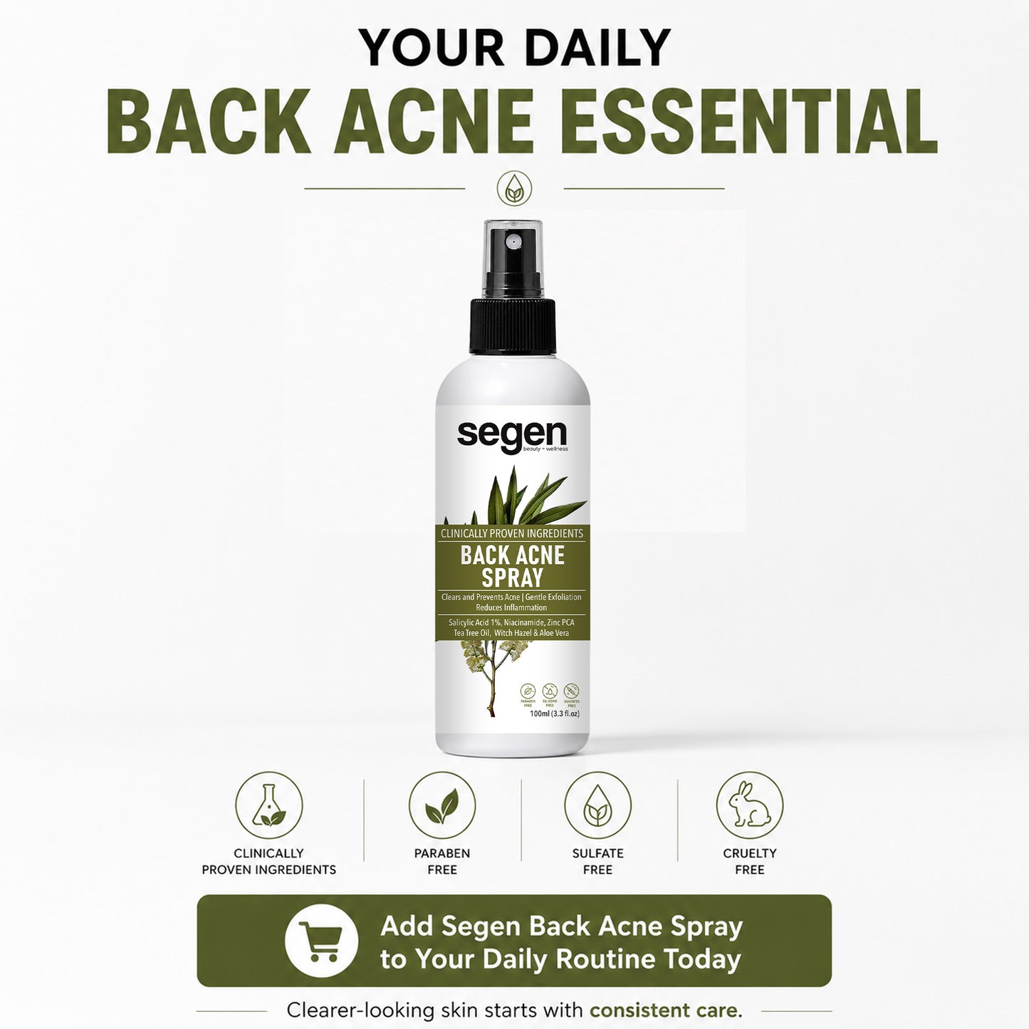 Segen Back Acne Spray 50ml | Salicylic Acid, Niacinamide & Zinc PCA for Clear Skin