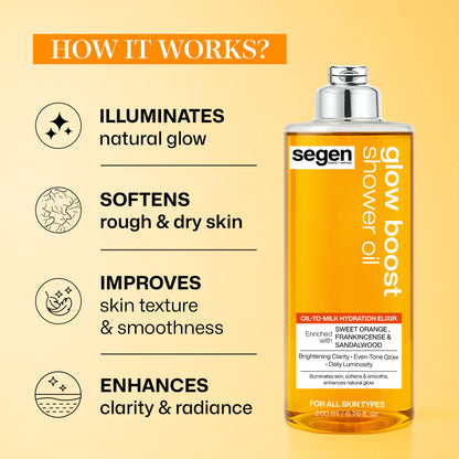 Segen Glow Boost Shower Oil – Brightening Oil-to-Milk Body Cleanser with Sweet Orange, Frankincense & Sandalwood | For Radiant, Even-Tone Skin | 200 ml