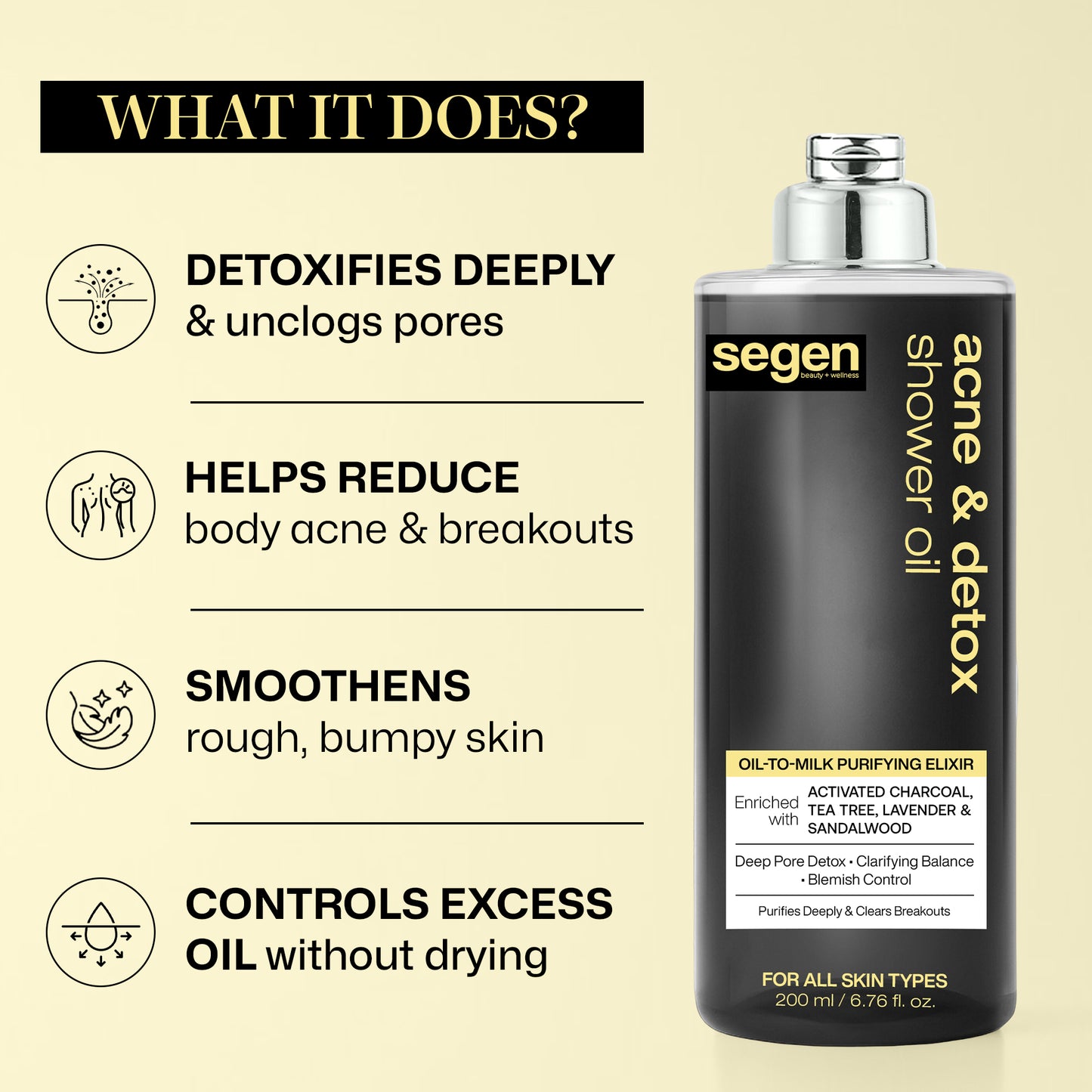 Segen Acne & Detox Shower Oil – Oil-to-Milk Purifying Cleanser with Activated Charcoal, Tea Tree & Sandalwood | Deep Pore Detox & Blemish Control - 200 ml