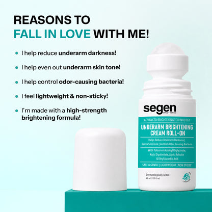SEGEN Underarm Brightening Cream Roll-On 40ml | Underarm Darkness Care, Skin Tone Evenness & Odour-Causing Bacteria Control