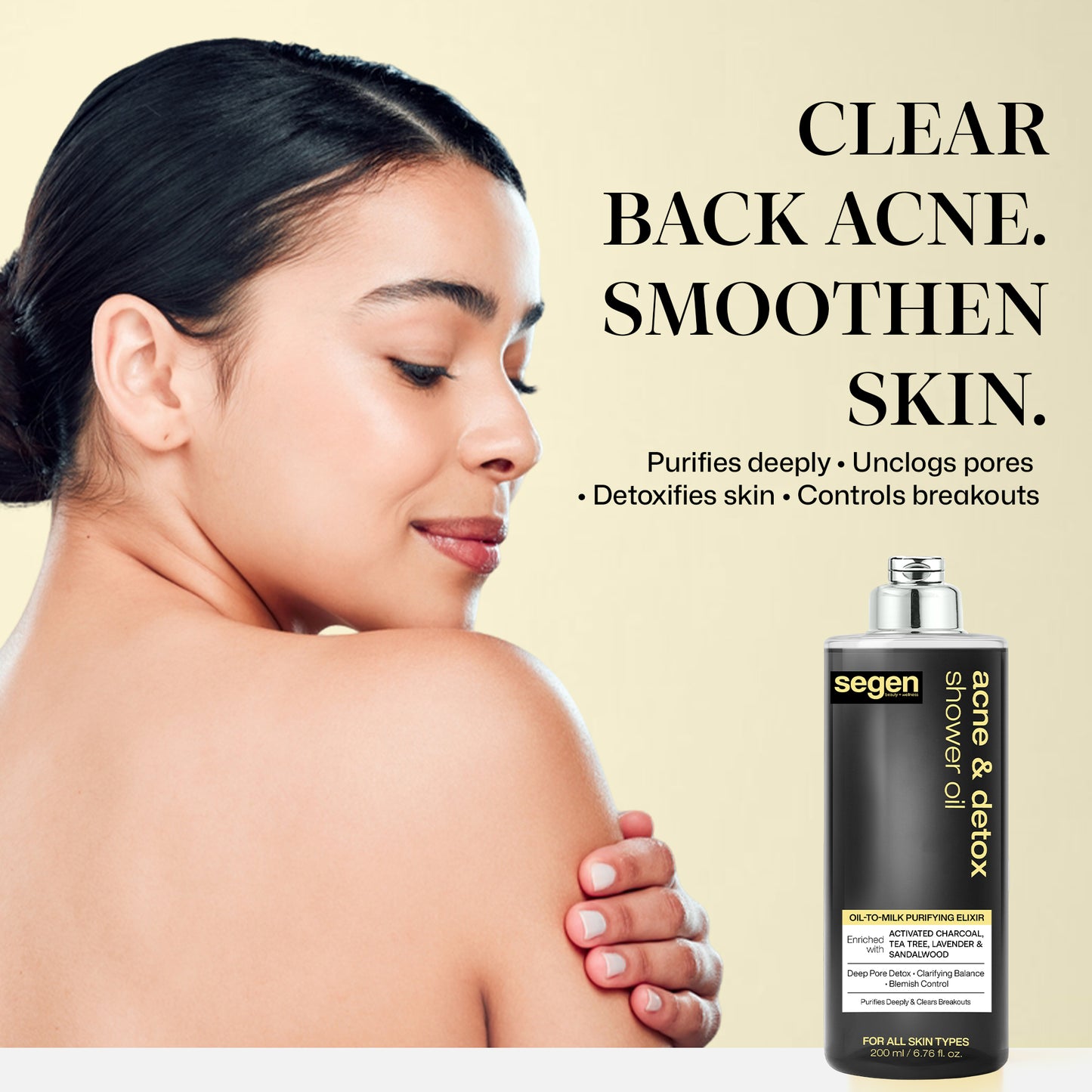 Segen Acne & Detox Shower Oil – Oil-to-Milk Purifying Cleanser with Activated Charcoal, Tea Tree & Sandalwood | Deep Pore Detox & Blemish Control - 200 ml