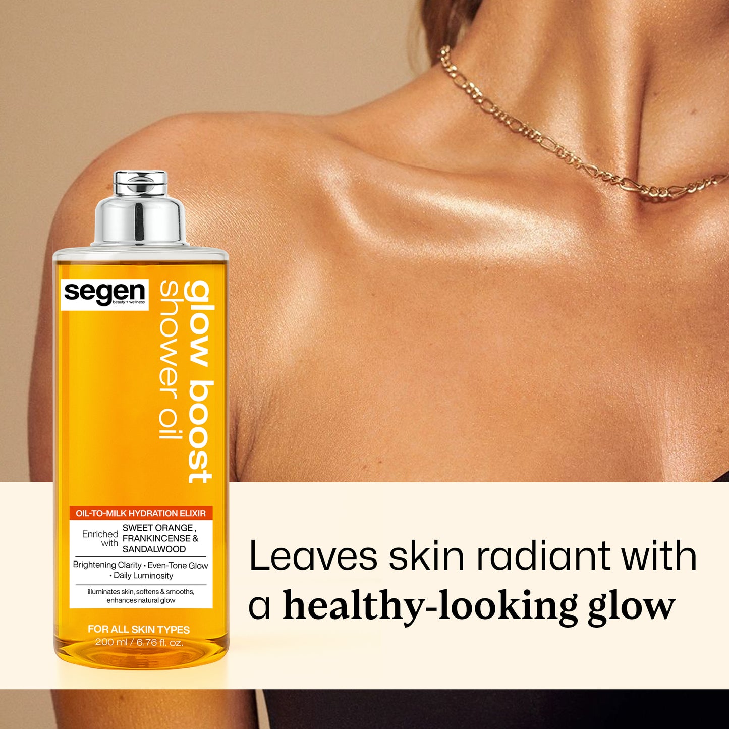 Segen Glow Boost Shower Oil – Brightening Oil-to-Milk Body Cleanser with Sweet Orange, Frankincense & Sandalwood | For Radiant, Even-Tone Skin | 200 ml
