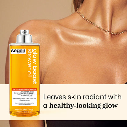 Segen Glow Boost Shower Oil – Brightening Oil-to-Milk Body Cleanser with Sweet Orange, Frankincense & Sandalwood | For Radiant, Even-Tone Skin | 200 ml