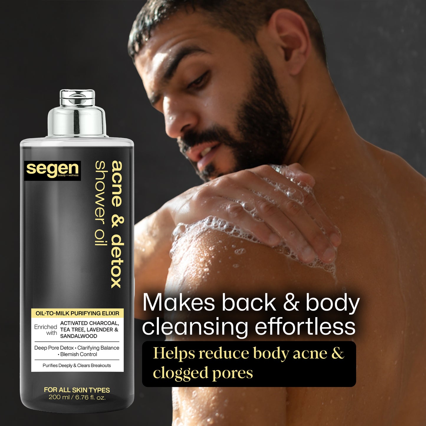 Segen Acne & Detox Shower Oil – Oil-to-Milk Purifying Cleanser with Activated Charcoal, Tea Tree & Sandalwood | Deep Pore Detox & Blemish Control - 200 ml