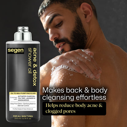 Segen Acne & Detox Shower Oil – Oil-to-Milk Purifying Cleanser with Activated Charcoal, Tea Tree & Sandalwood | Deep Pore Detox & Blemish Control - 200 ml