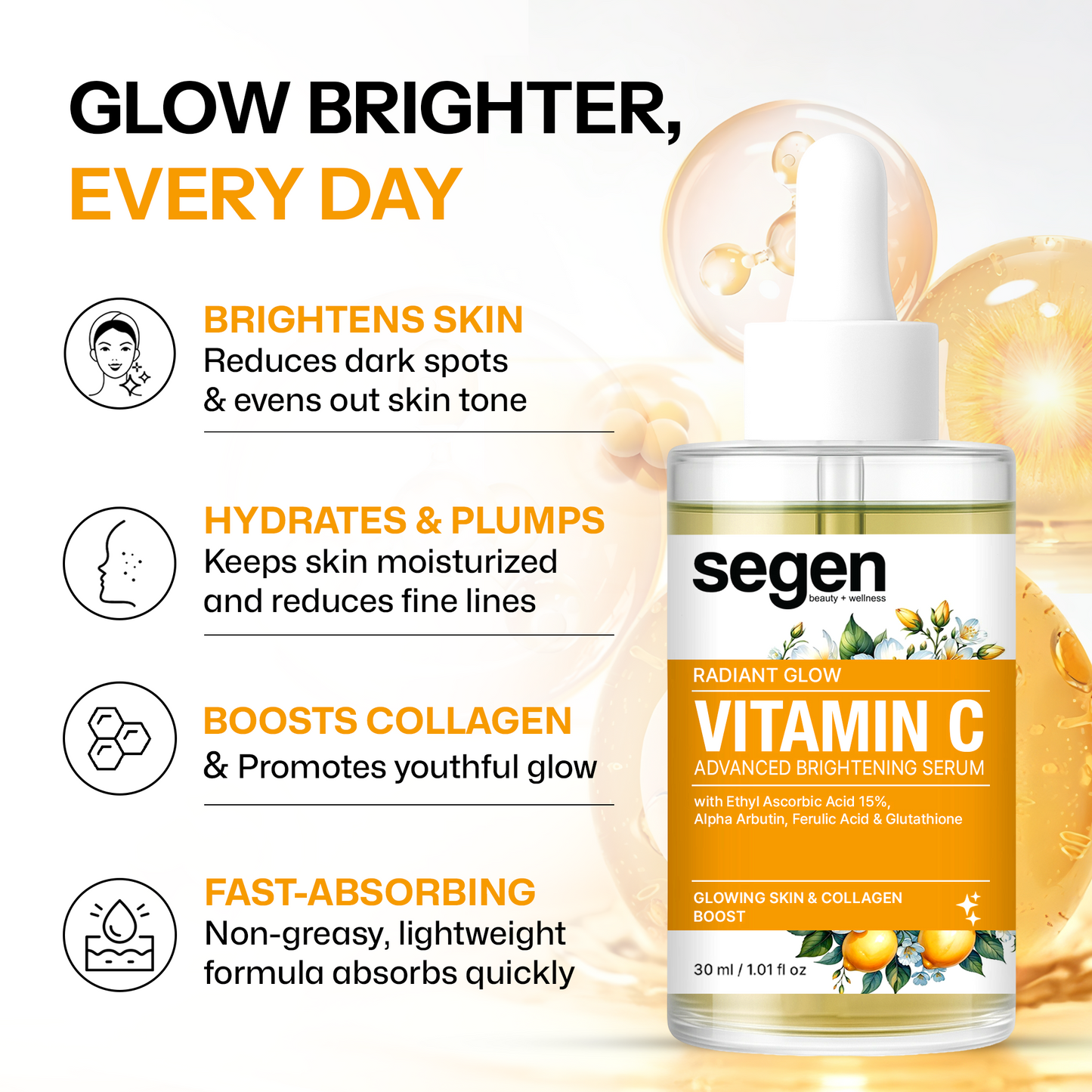 Segen Vitamin C 15% Brightening Serum with Alpha Arbutin, Ferulic Acid & Glutathione | Boosts Radiance, Collagen & Glow – 30ml