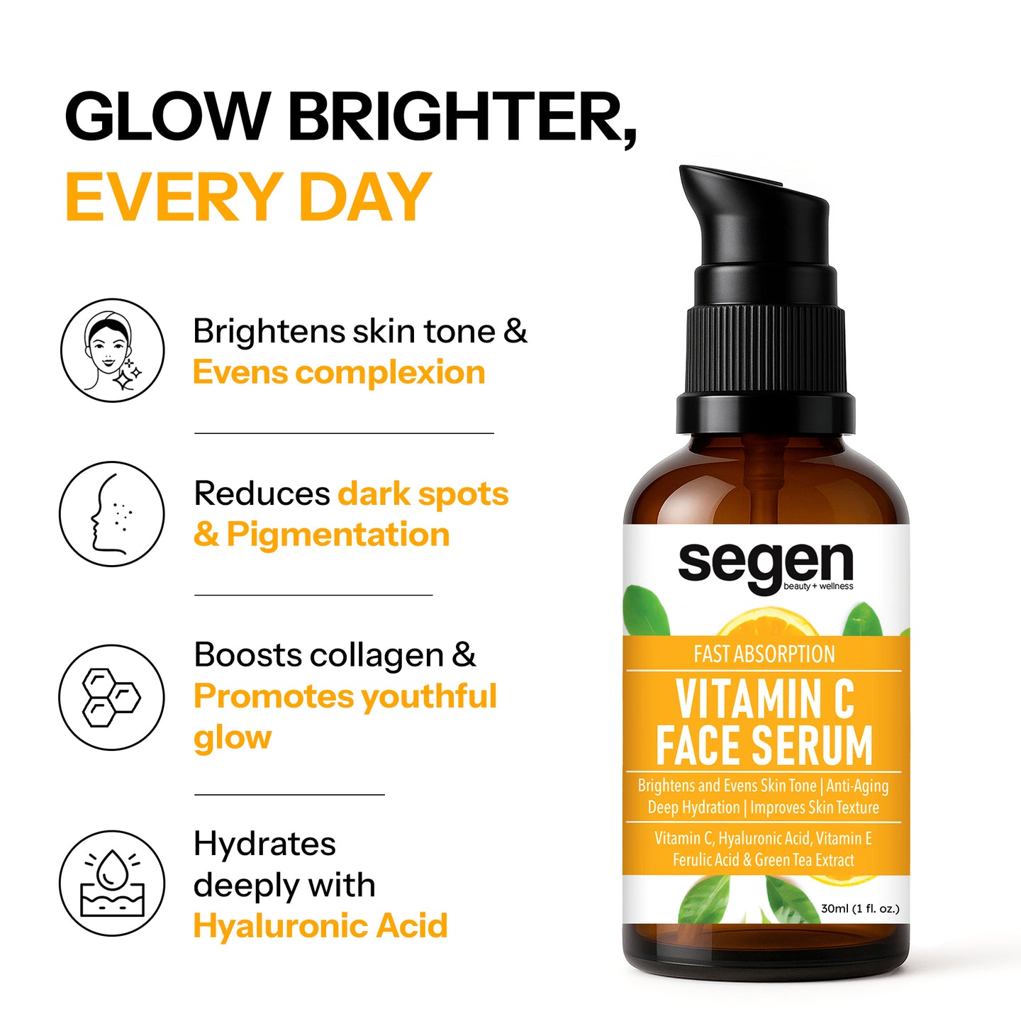 Segen Wellness Vitamin C Serum for Brightening Skin & Anti-Aging–With Glutathione, Ferulic Acid, Vitamin E & Green Tea (30ml)
