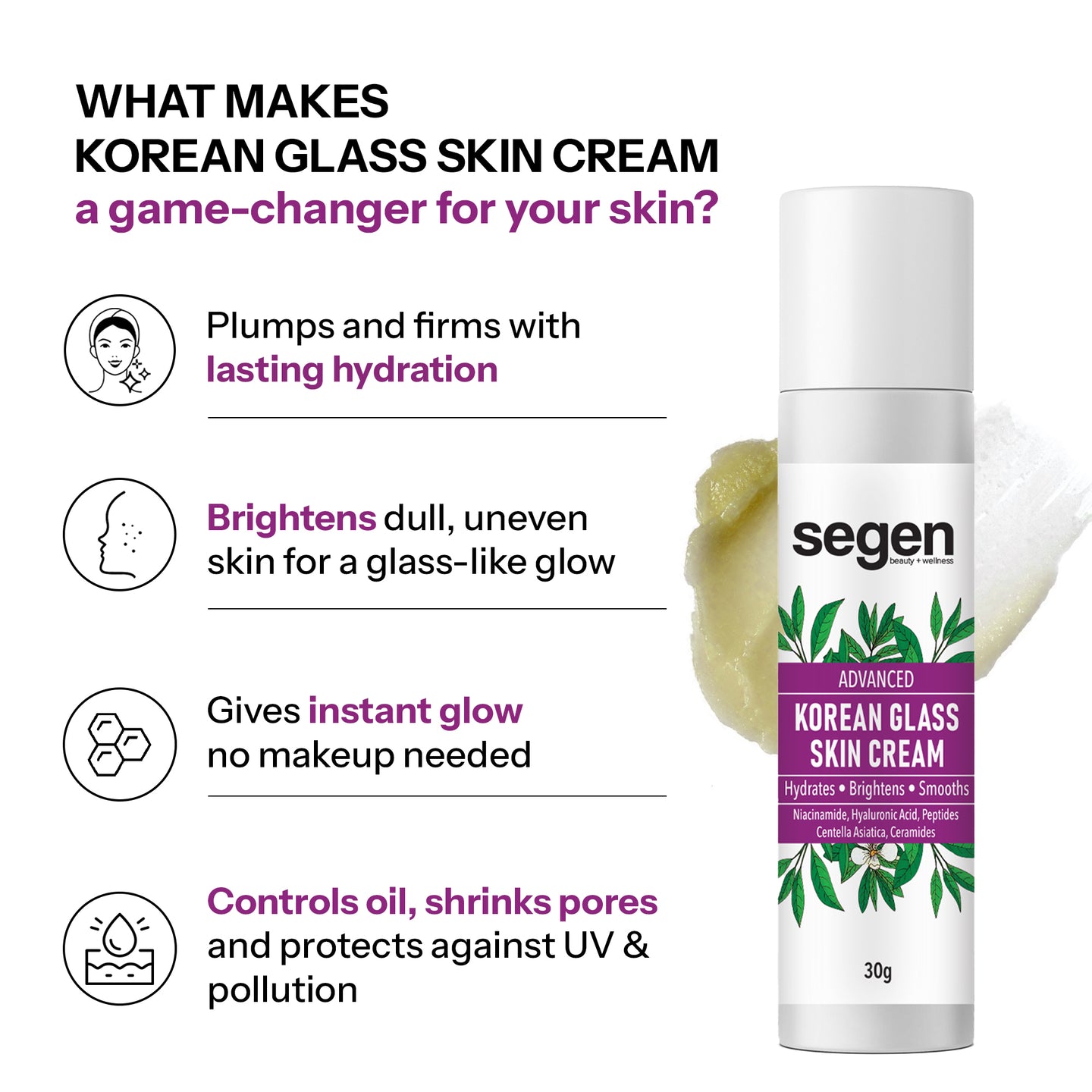 Segen Korean Glass Skin Cream – 30g | Instant Brightening, Sebum Control & Hydration with Niacinamide & Peptides