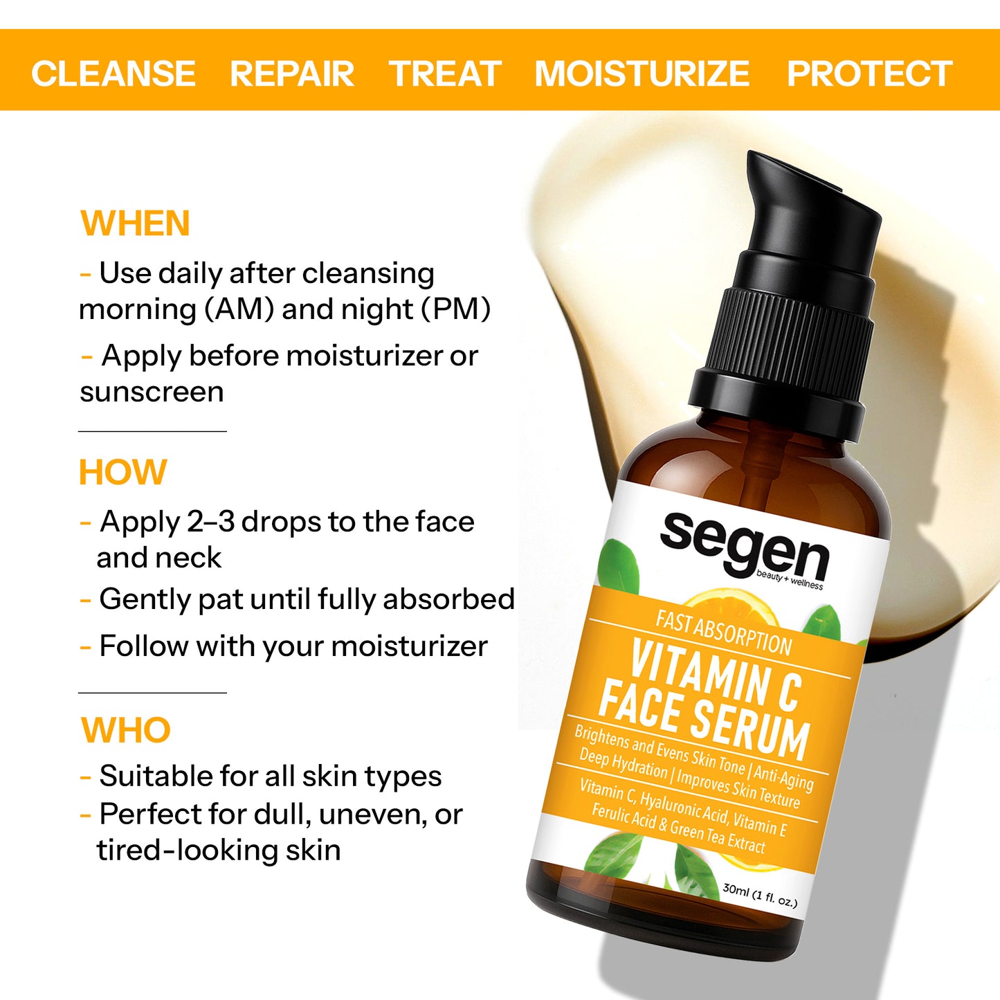 Segen Wellness Vitamin C Serum for Brightening Skin & Anti-Aging–With Glutathione, Ferulic Acid, Vitamin E & Green Tea (30ml)