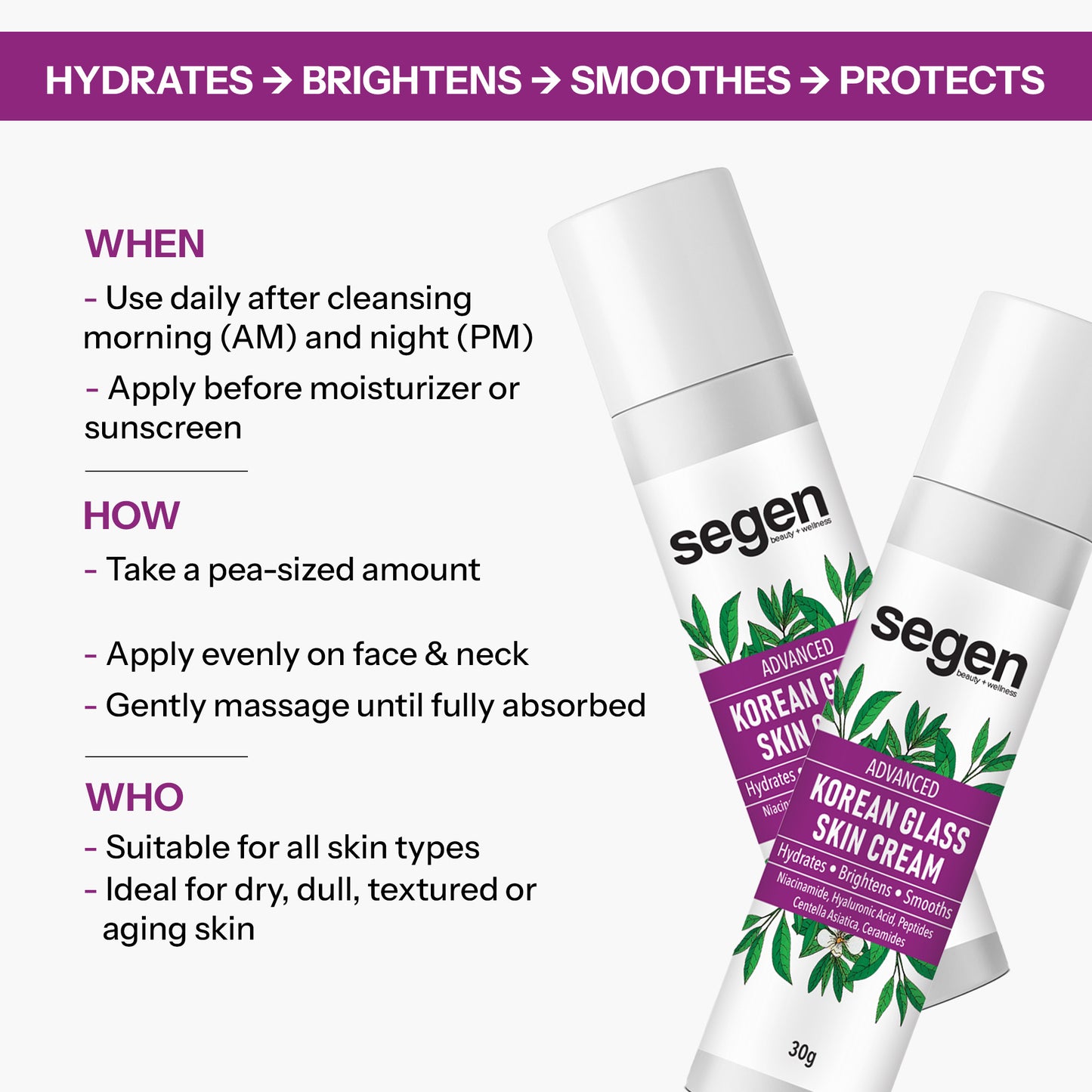 Segen Korean Glass Skin Cream – 30g | Instant Brightening, Sebum Control & Hydration with Niacinamide & Peptides