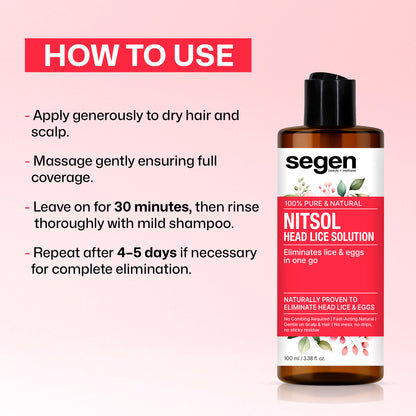Segen NITSOL 100% Natural Head Lice Solution | Kills Lice & Eggs in One Go | Gentle on Scalp & Hair - 100ml