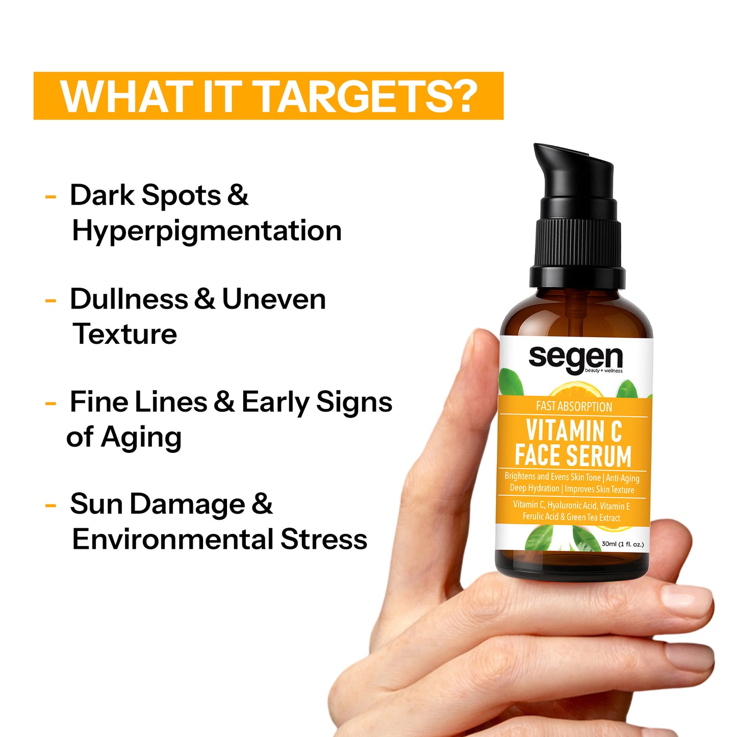 Segen Wellness Vitamin C Serum for Brightening Skin & Anti-Aging–With Glutathione, Ferulic Acid, Vitamin E & Green Tea (30ml)