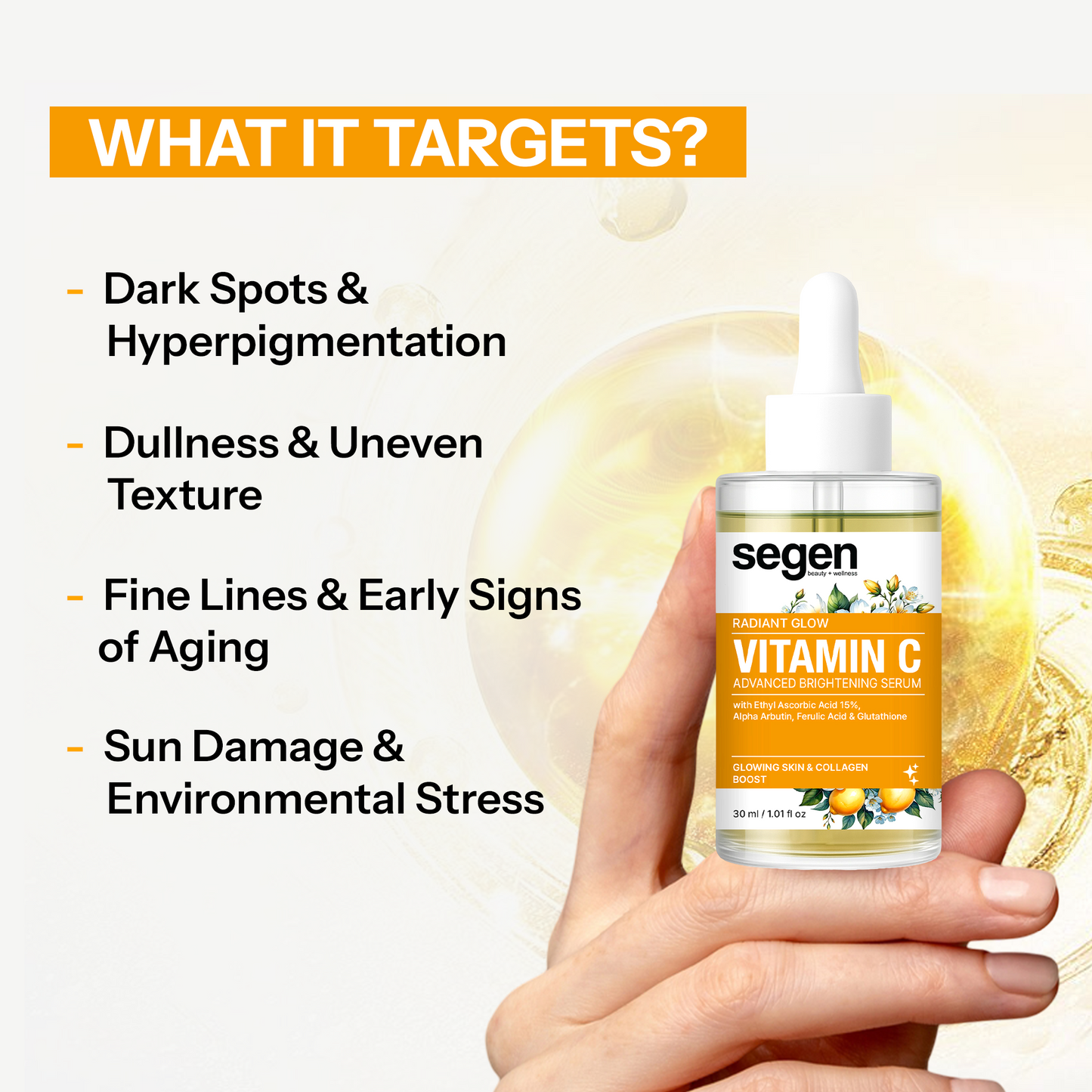 Segen Vitamin C 15% Brightening Serum with Alpha Arbutin, Ferulic Acid & Glutathione | Boosts Radiance, Collagen & Glow – 30ml