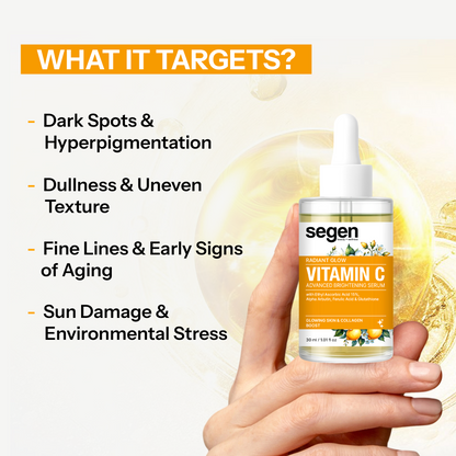 Segen Vitamin C 15% Brightening Serum with Alpha Arbutin, Ferulic Acid & Glutathione | Boosts Radiance, Collagen & Glow – 30ml