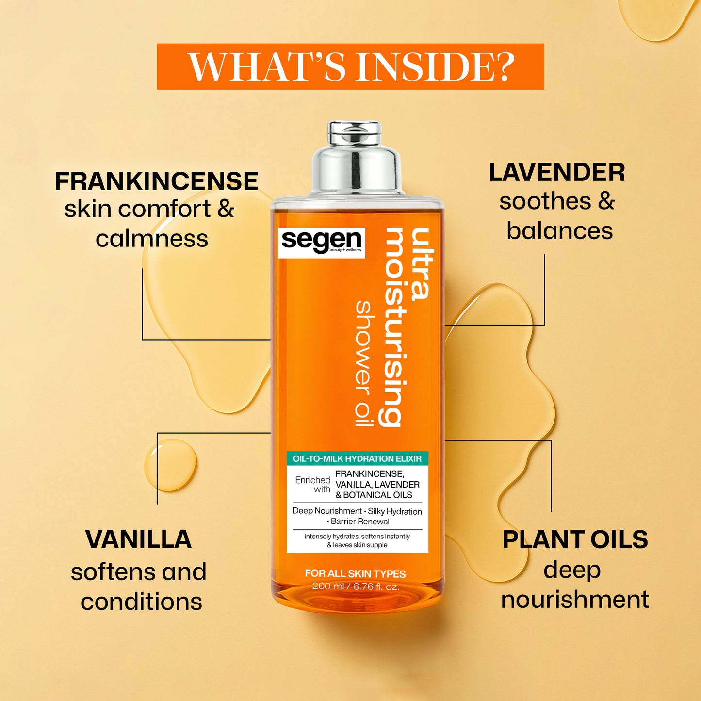 Segen Ultra Moisturising Shower Oil – Oil-to-Milk Hydration Elixir with Frankincense, Vanilla, Lavender & Botanical Oils | Deep Nourishment & Silky Hydration | 200 ml