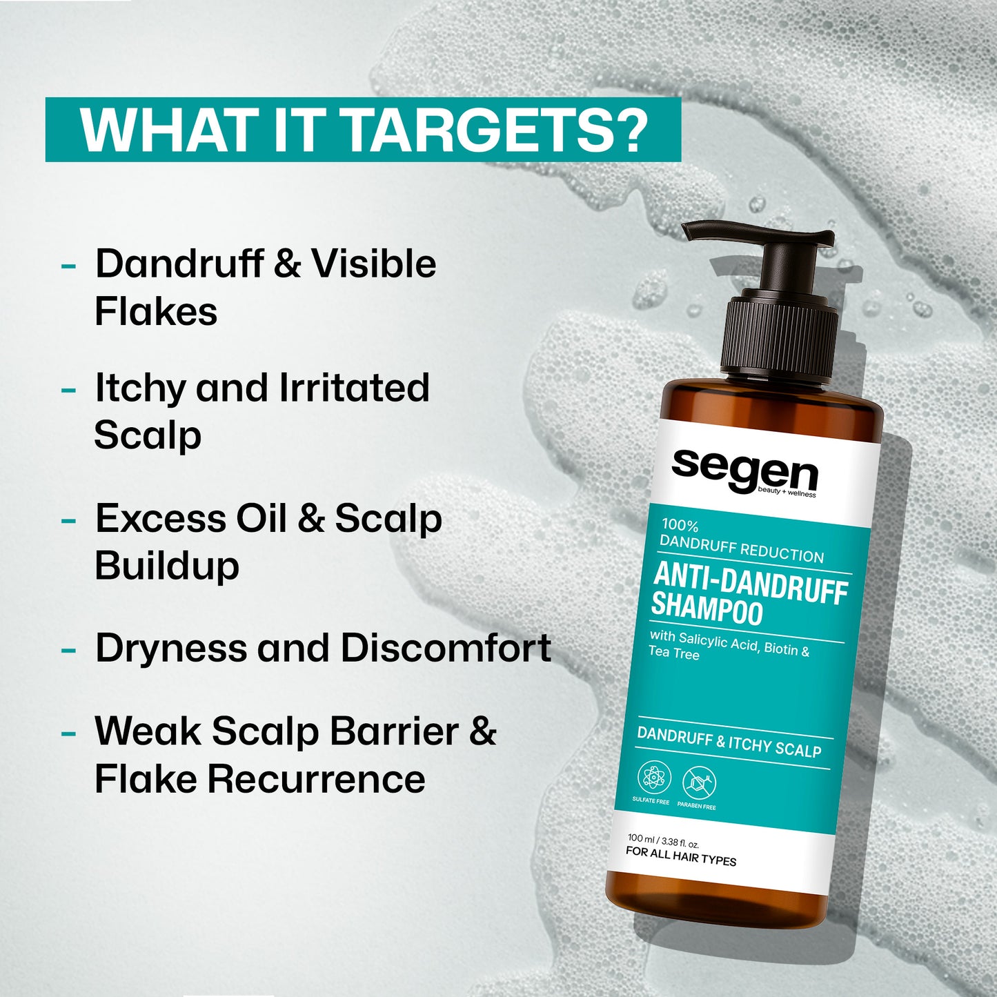 Segen Anti-Dandruff Shampoo with Salicylic Acid, Biotin & Tea Tree | 100% Dandruff Reduction