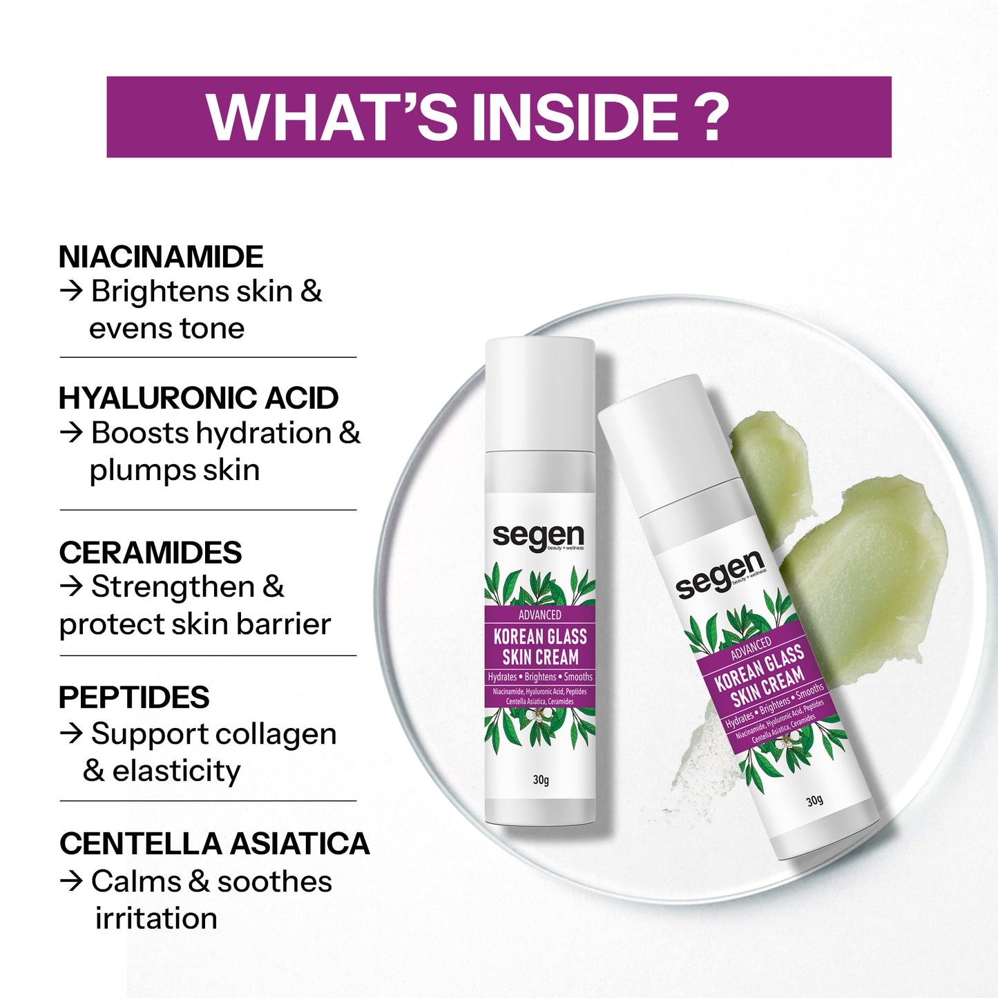 Segen Korean Glass Skin Cream – 30g | Instant Brightening, Sebum Control & Hydration with Niacinamide & Peptides