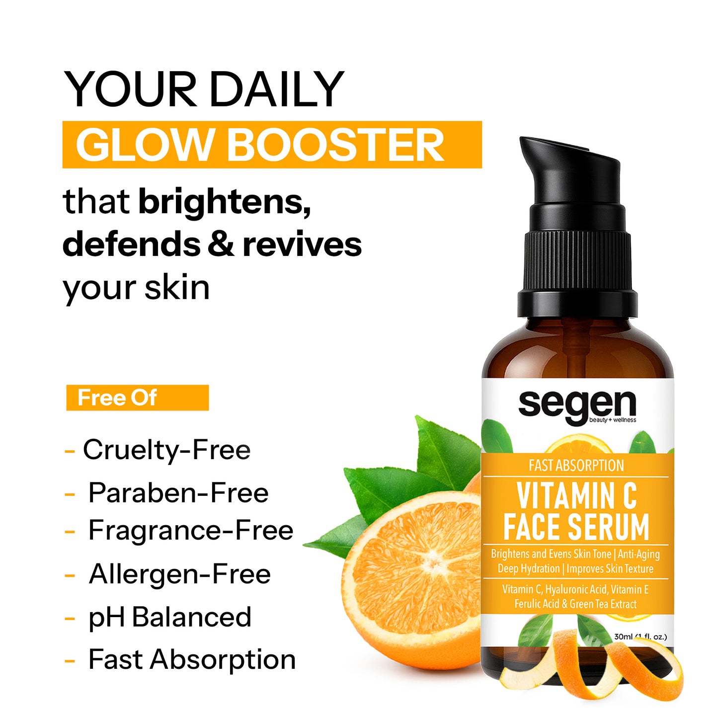 Segen Wellness Vitamin C Serum for Brightening Skin & Anti-Aging–With Glutathione, Ferulic Acid, Vitamin E & Green Tea (30ml)