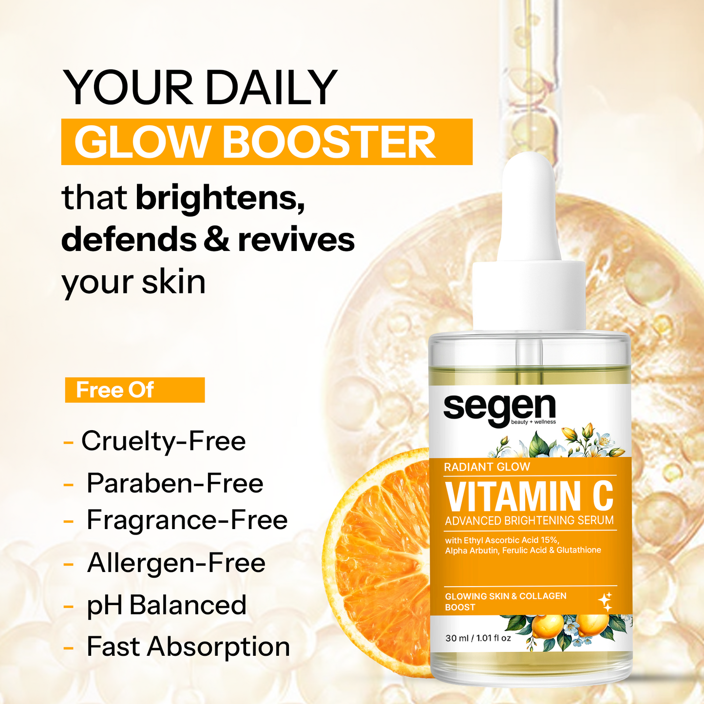 Segen Vitamin C 15% Brightening Serum with Alpha Arbutin, Ferulic Acid & Glutathione | Boosts Radiance, Collagen & Glow – 30ml