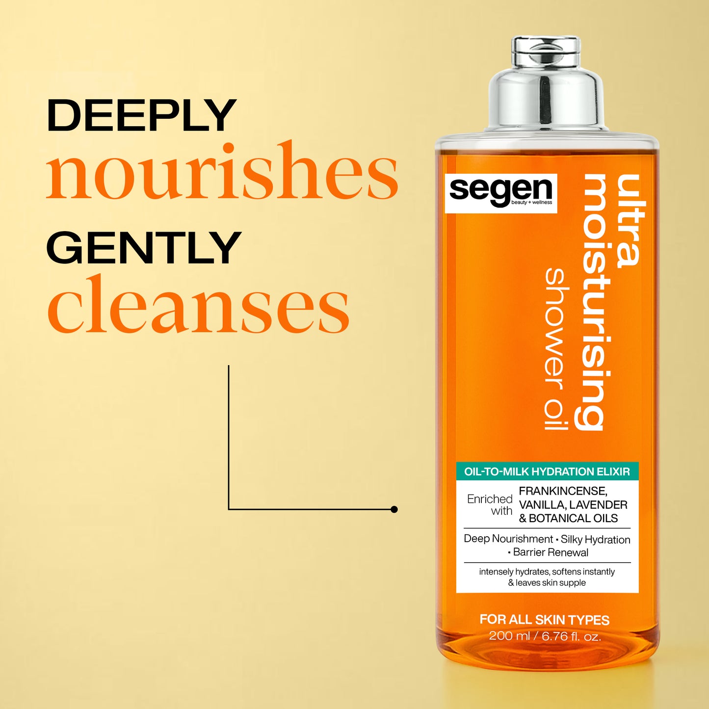 Segen Ultra Moisturising Shower Oil – Oil-to-Milk Hydration Elixir with Frankincense, Vanilla, Lavender & Botanical Oils | Deep Nourishment & Silky Hydration | 200 ml