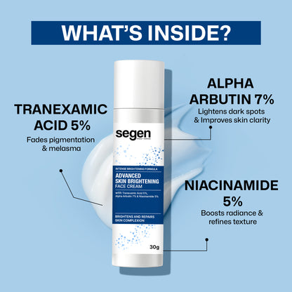 Segen Advanced Skin Brightening Face Cream with Tranexamic Acid 5%, Alpha Arbutin 7% & Niacinamide 5% | Brightens, Repairs & Evens Skin Tone | 30g