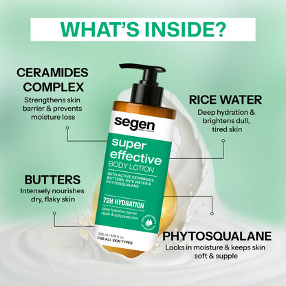 Segen Super Effective Body Lotion – 72H Deep Hydration with Ceramides, Butters, Rice Water & Phytosqualane | For All Skin Types
