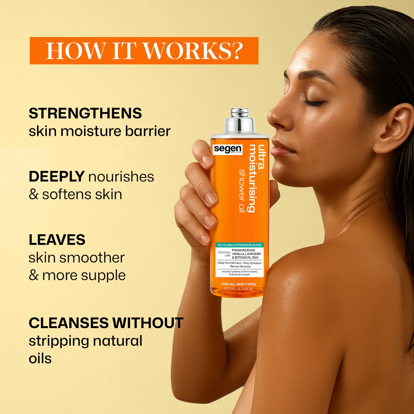 Segen Ultra Moisturising Shower Oil – Oil-to-Milk Hydration Elixir with Frankincense, Vanilla, Lavender & Botanical Oils | Deep Nourishment & Silky Hydration | 200 ml