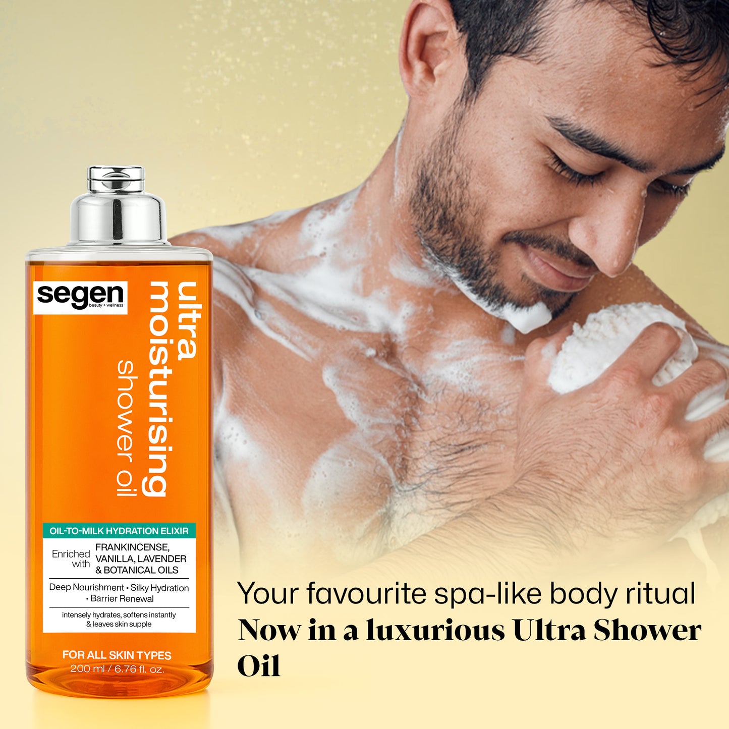 Segen Ultra Moisturising Shower Oil – Oil-to-Milk Hydration Elixir with Frankincense, Vanilla, Lavender & Botanical Oils | Deep Nourishment & Silky Hydration | 200 ml