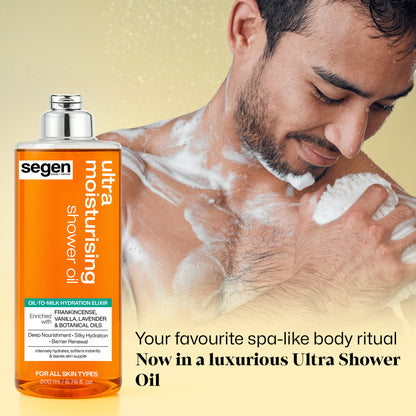 Segen Ultra Moisturising Shower Oil – Oil-to-Milk Hydration Elixir with Frankincense, Vanilla, Lavender & Botanical Oils | Deep Nourishment & Silky Hydration | 200 ml