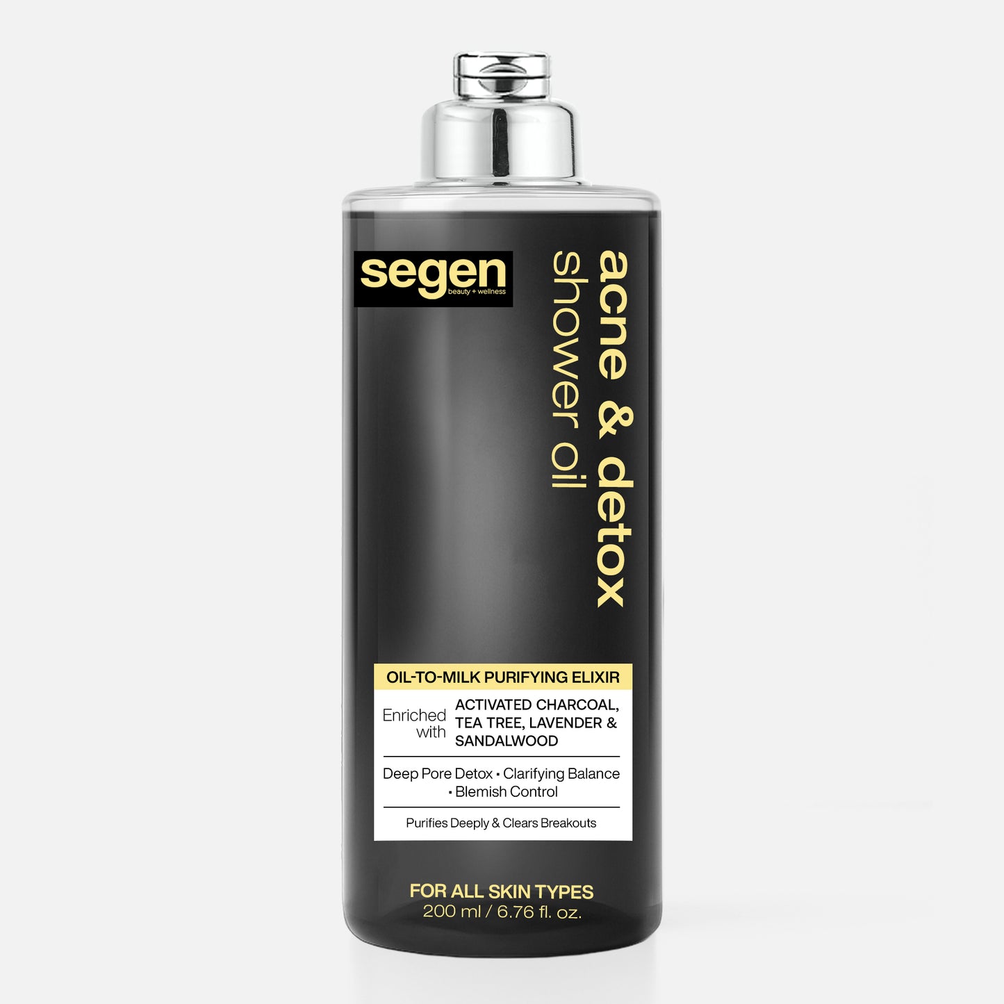 Segen Acne & Detox Shower Oil – Oil-to-Milk Purifying Cleanser with Activated Charcoal, Tea Tree & Sandalwood | Deep Pore Detox & Blemish Control - 200 ml
