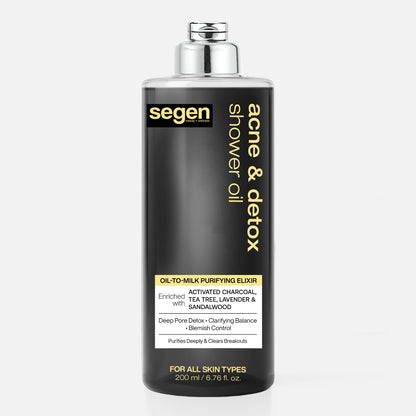 Segen Acne & Detox Shower Oil – Oil-to-Milk Purifying Cleanser with Activated Charcoal, Tea Tree & Sandalwood | Deep Pore Detox & Blemish Control - 200 ml