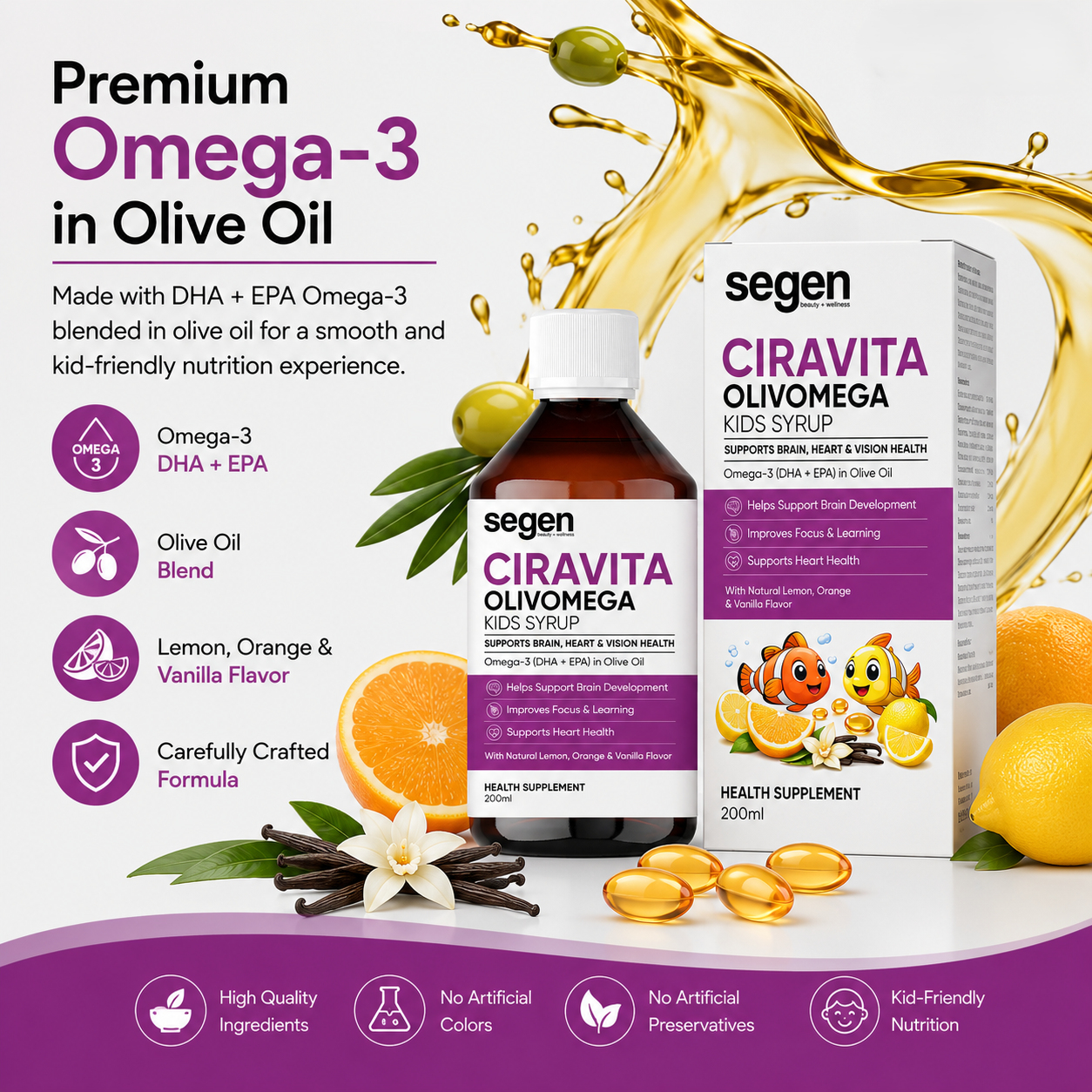 Segen CIRAVITA OLIVOMEGA Kids Syrup 200ml | Omega-3 DHA + EPA for Brain, Heart & Vision Health