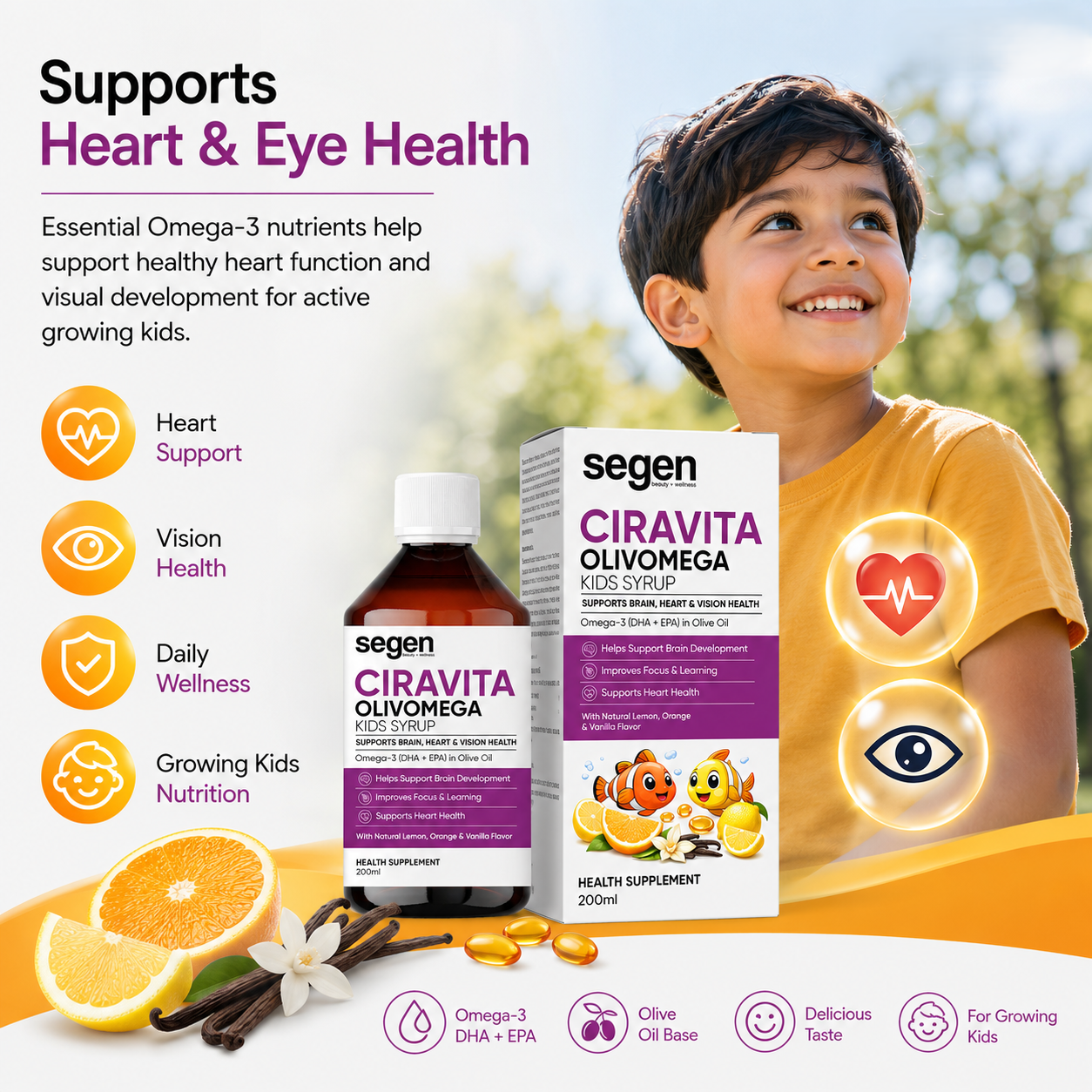 Segen CIRAVITA OLIVOMEGA Kids Syrup 200ml | Omega-3 DHA + EPA for Brain, Heart & Vision Health