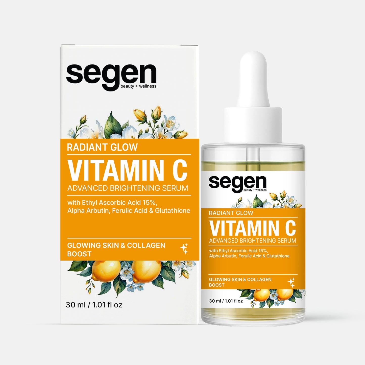 Segen Vitamin C 15% Brightening Serum with Alpha Arbutin, Ferulic Acid & Glutathione | Boosts Radiance, Collagen & Glow – 30ml