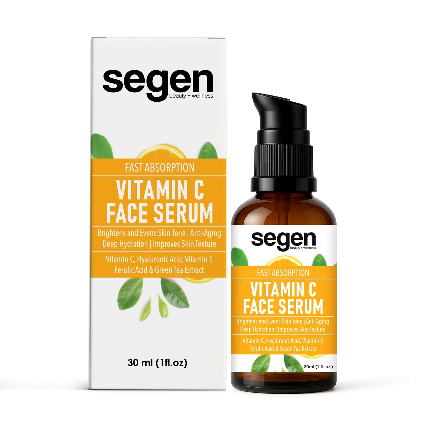 Segen Wellness Vitamin C Serum for Brightening Skin & Anti-Aging–With Glutathione, Ferulic Acid, Vitamin E & Green Tea (30ml)
